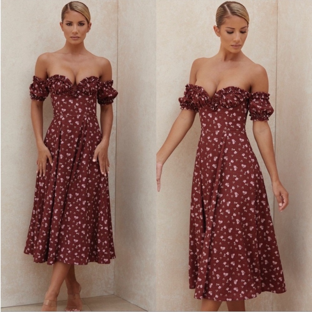 House of CB ‘Lauren’ wine floral strapless midi dress NWT